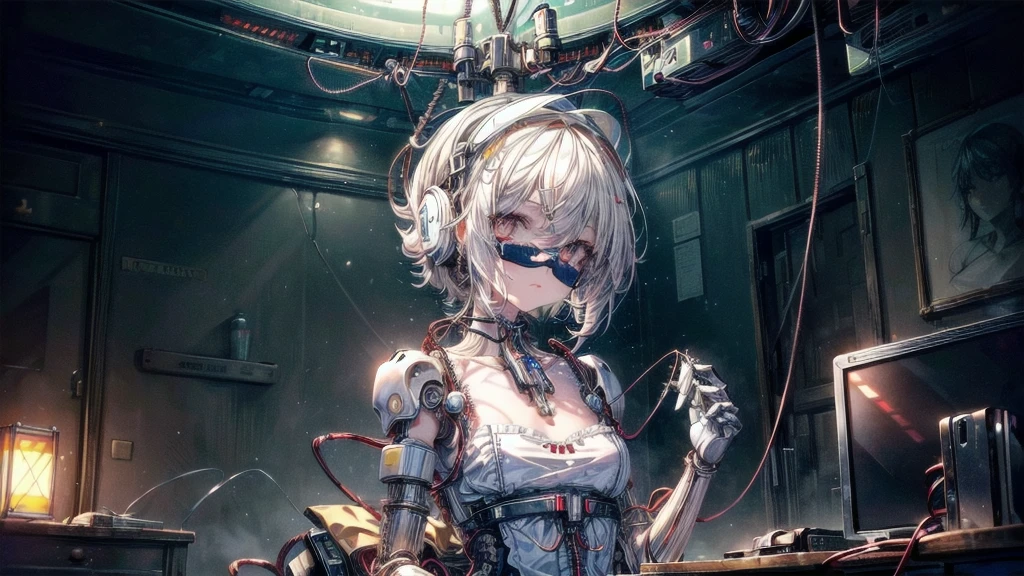 (((masterpiece))), (((Highest quality))), ((Very detailed)), (Highly detailed CG illustrations), ((Very delicate and beautiful)),(Cute and delicate face),Light,((1. Machine Girl)),alone,whole body,(Machine made joints:1.4),((Mechanical Limbs)),(Muscle swelling),(The container is connected to a tube),(Brain in a container:1.3),((Mechanical vertebrae attached to the back)),((Mechanical cervical spine attached to the neck)),((Sitting)),poker face,(Wires and cables attached to head and body:1.5),Small breasts,short hair,(Character Focus),SF,Dark shortcuts,Centering shortcuts,A devastated society,alone,