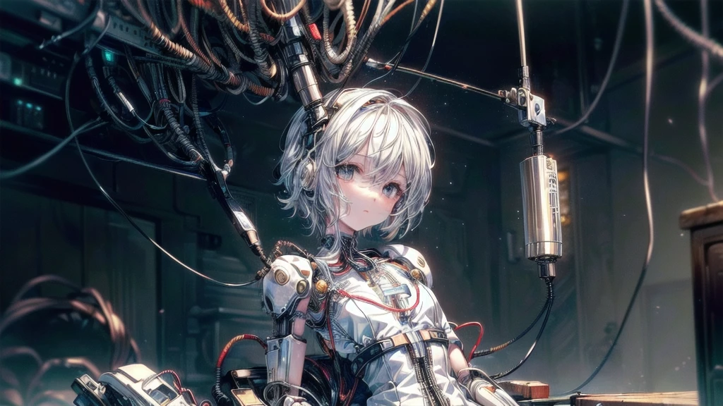 (((masterpiece))), (((Highest quality))), ((Very detailed)), (Highly detailed CG illustrations), ((Very delicate and beautiful)),(Cute and delicate face),Light,((1. Machine Girl)),alone,whole body,(Machine made joints:1.4),((Mechanical Limbs)),(Muscle swelling),(The container is connected to a tube),(Brain in a container:1.3),((Mechanical vertebrae attached to the back)),((Mechanical cervical spine attached to the neck)),((Sitting)),poker face,(Wires and cables attached to head and body:1.5),Small breasts,short hair,(Character Focus),SF,Dark shortcuts,Centering shortcuts,A devastated society,alone,