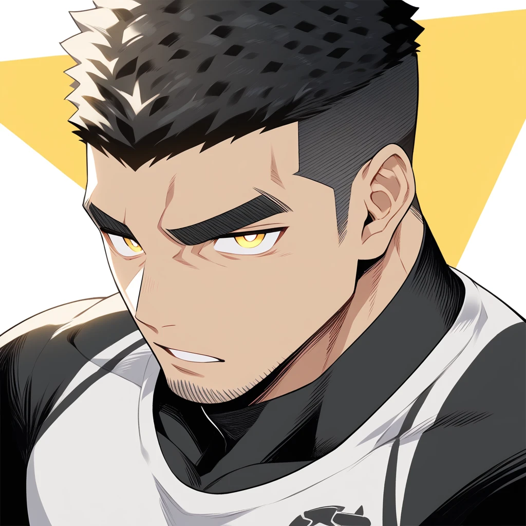 one negro, anime characters:Gyee, Hibino Kafka, One Muscle Sports Student, negro black skin, Very Black, muscular tough guy, Manliness, male focus, Grey long sleeve turtleneck tight t-shirt, Regular symmetrical pattern, Very tight, muscular male, muscular, only, Upper body, alone, Black short hair, Thick eyebrows, stubble, Yellow eyes, White background, simple background, amazing quality, best aesthetics, Ridiculous, bright pupils, crew cut, parted lips, v-shaped eyebrows, jitome, best quality