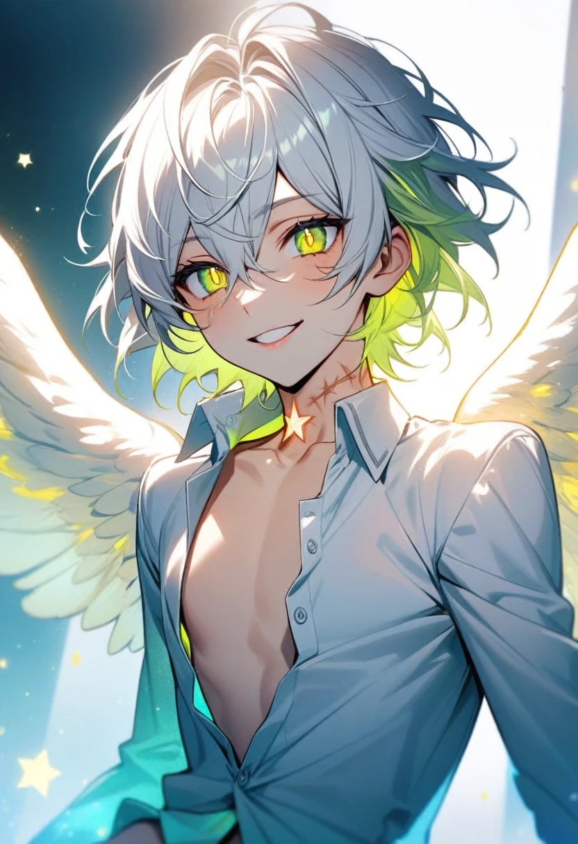 Angelic appearance, White Angelic Clothes, A very slightly unbuttoned white shirt, Star-shaped scars on the neck, The eyes are turquoise-green in color with yellow illumination and white pupils in the shape of a star, A small scar above the eye, Slightly unbuttoned shirt, Shining white hair reaches the jaw separates, becomes longer up to the coccyx, beautiful guy, skinny body, smile, cute lips, extremely beautiful guy smiling, angel aesthetic