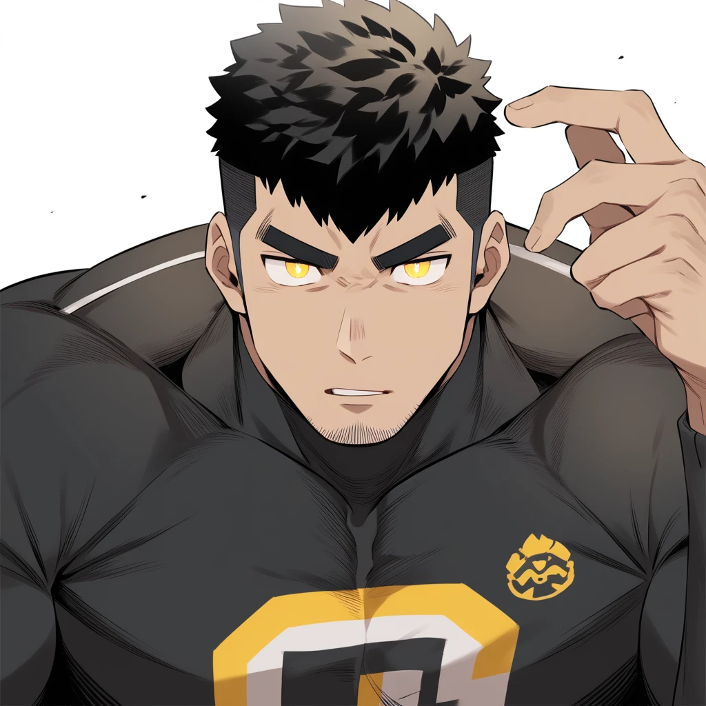 one negro, anime characters：Gyee, Hibino Kafka, One Muscle Sports Student, negro black skin, Very Black, muscular tough guy, Manliness, male focus, Grey long sleeve turtleneck tight t-shirt, Regular symmetrical pattern, Very tight, muscular male, muscular, only, Upper body, alone, Black short hair, Thick eyebrows, stubble, Yellow eyes, White background, simple background, amazing quality, best aesthetics, Ridiculous, bright pupils, crew cut, parted lips, v-shaped eyebrows, jitome, best quality