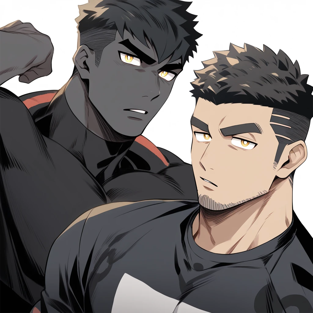 one negro, anime characters:Gyee, Hibino Kafka, One Muscle Sports Student, ????? black skin, Very Black, muscular tough guy, Manliness, male focus, Grey long sleeve turtleneck tight t-shirt, Regular symmetrical pattern, Very tight, muscular male, muscular, only, Upper body, alone, Black short hair, Thick eyebrows, stubble, Yellow eyes, White background, simple background, amazing quality, best aesthetics, Ridiculous, bright pupils, crew cut, parted lips, v-shaped eyebrows, jitome, best quality