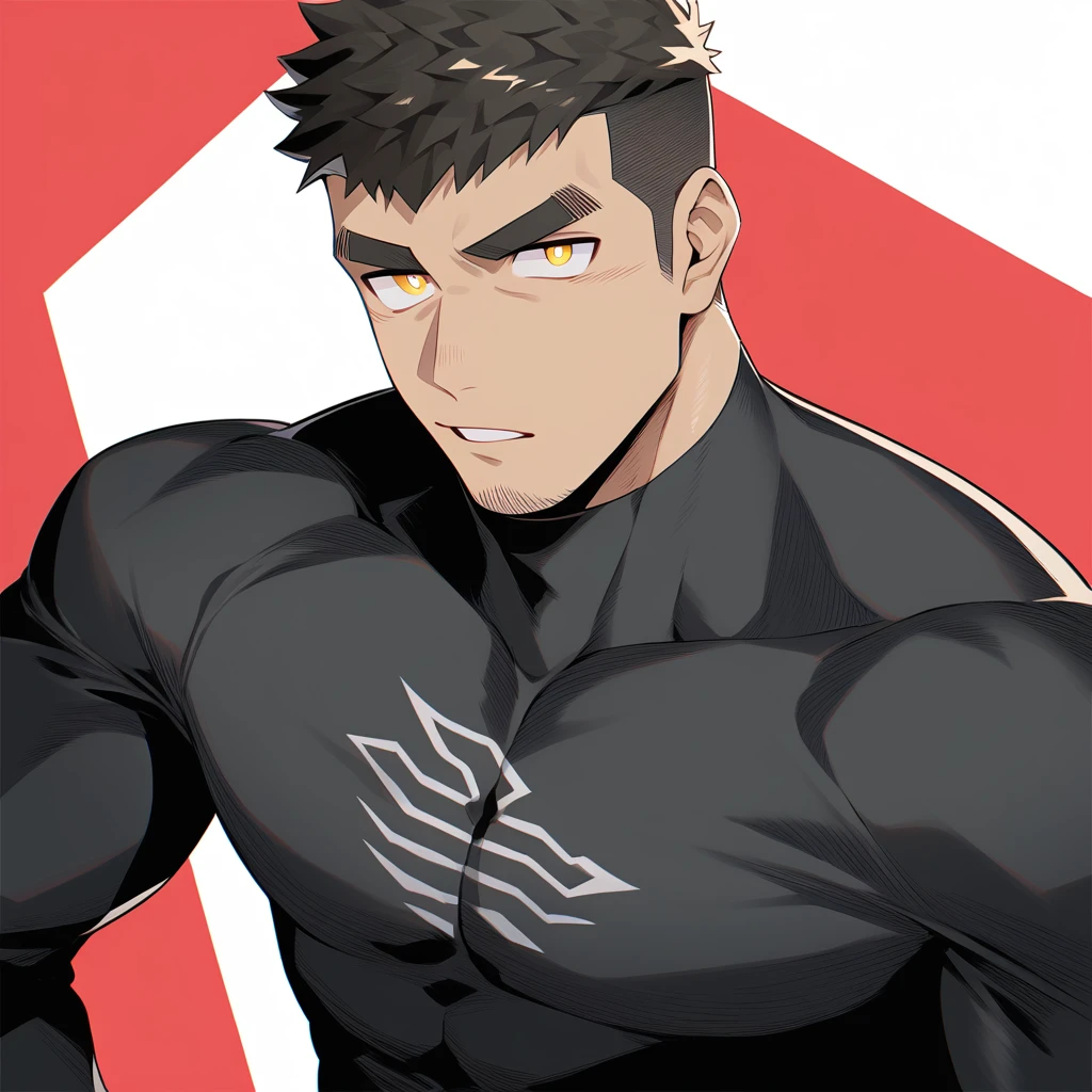 one negro, anime characters：Gyee, Hibino Kafka, One Muscle Sports Student, negro black skin, Very Black, muscular tough guy, Manliness, male focus, Grey long sleeve turtleneck tight t-shirt, Regular symmetrical pattern, Very tight, muscular male, muscular, only, Upper body, alone, Black short hair, Thick eyebrows, stubble, Yellow eyes, White background, simple background, amazing quality, best aesthetics, Ridiculous, bright pupils, crew cut, parted lips, v-shaped eyebrows, jitome, best quality