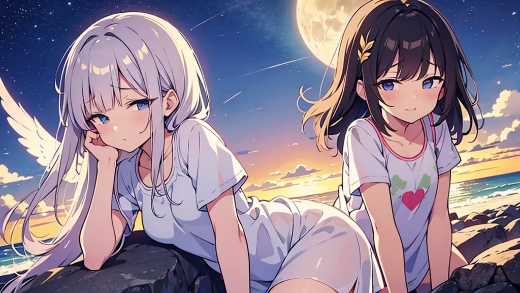 Una linda camisa blanca que la deja ver. 、Falda de vuelo celeste con volantes、Se levanta la falda con ambas manos para lucir su linda ropa interior blanca.、Linda ropa interior blanca visible cuando se levanta la falda.、Playa de arena, Mar hermoso, noche y cielo estrellado