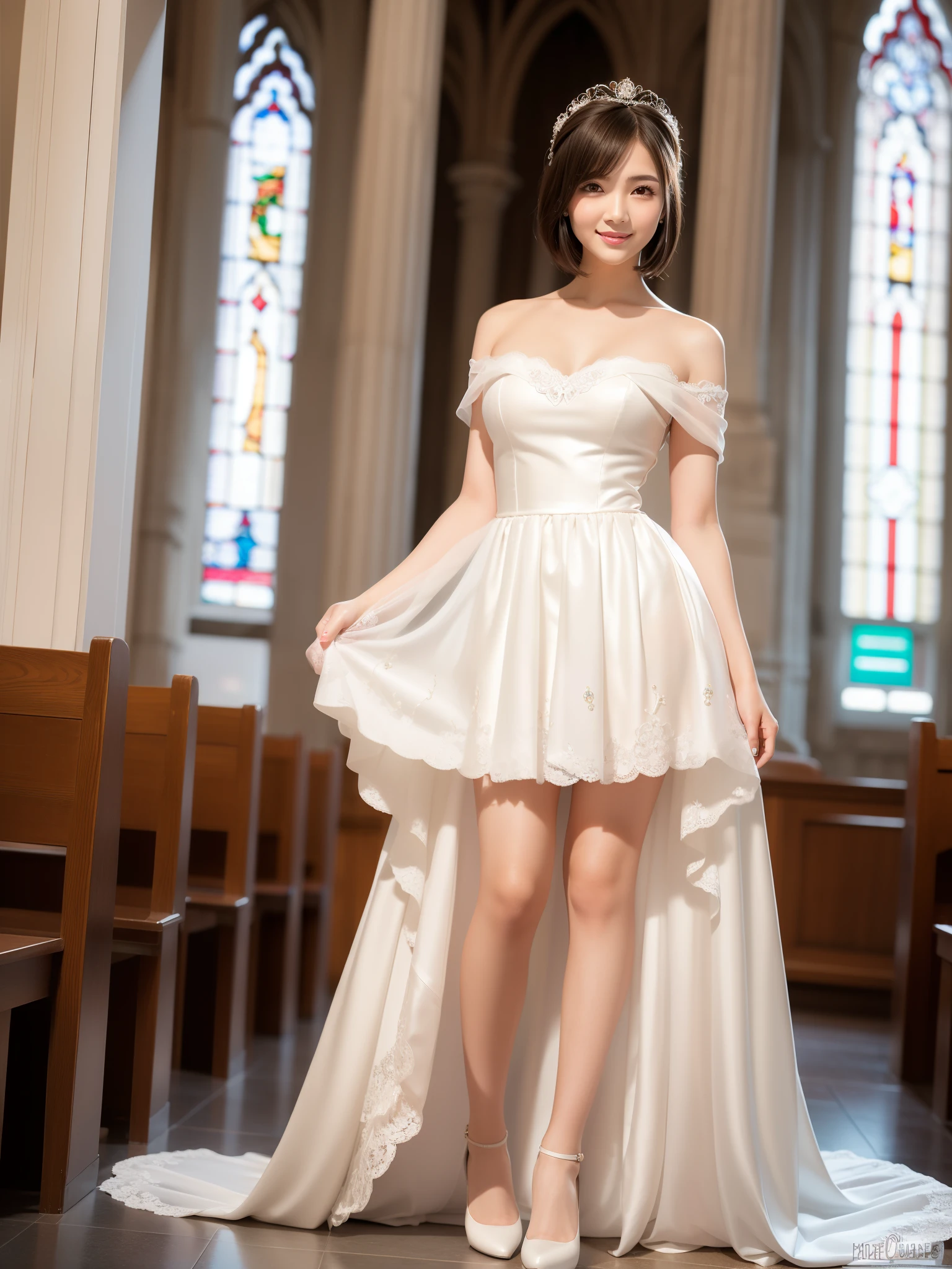 (Best quality: 1.5), (Realistic: 1.5), (1 person: 1.5), full body, Highly detailed, High resolution, 8k, Natural colored lips, Cute smile, Japanese woman, 20-year-old girl, beautiful and elegant features, perfect and beautiful face, large eyes with good balance between the left and right sides, brunette eyes, beautiful and elegant features, beautiful double eyelids, beautiful thin nose, beautiful skin, fair skin, (medium bob hair), (natural bangs), bob hair, perfect and beautiful face, slim face and figure, (looks at the camera with a sweet smile), Wearing a luxury bridal tiara, (wearing a white off-shoulder wedding dress), (sexy wedding dress), lace white gloves, bridal veil, (White color micro mini skirt dress), (stand with your legs apart:1.2), (skirtlift:1.2), Hold up the hem of your skirt with your hands, (Sexy Panties:1.2), Medium breasts, Beautiful standing posture, (Beautiful cleavage), There is a large beautiful stained glass window, Cathedral, (garter belt), (knee-length lace stockings with lace), large stained glass, Medieval Cathedral,
