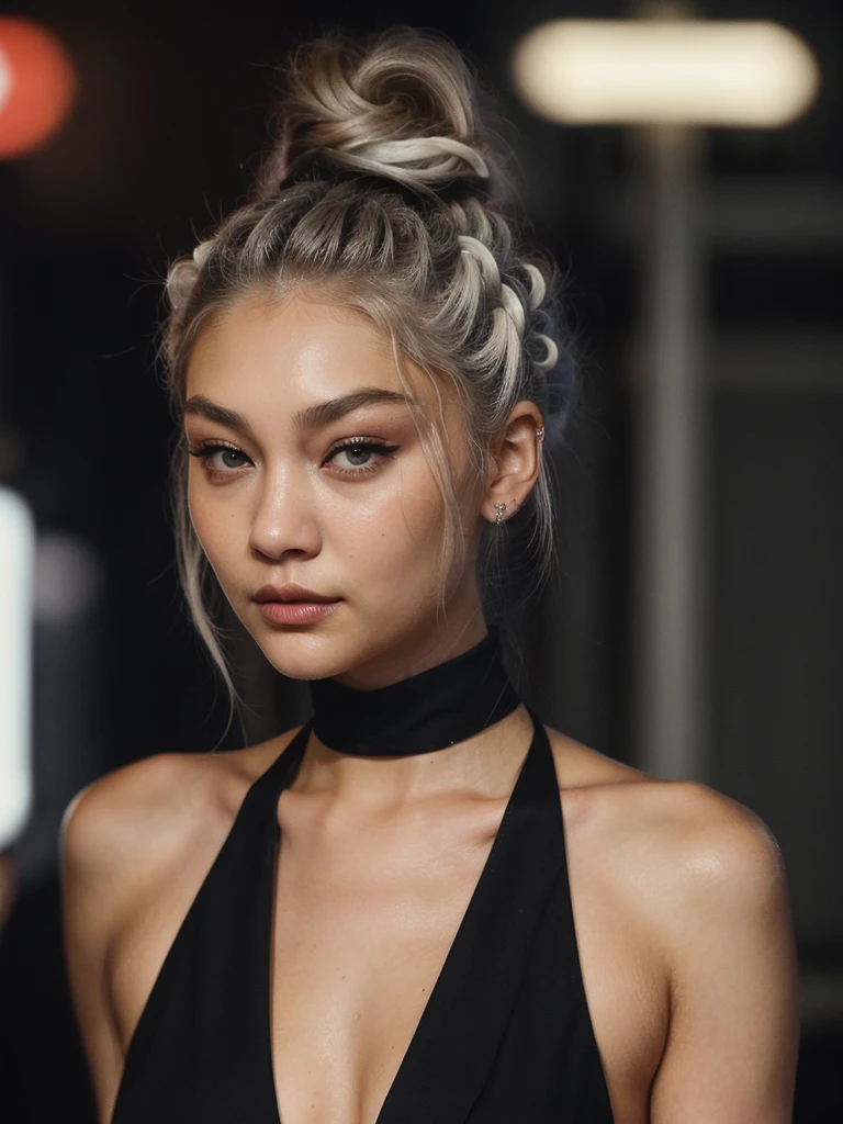 an eye contact of a white hair with bun hair and dark theme gigi hadid at hong kong night