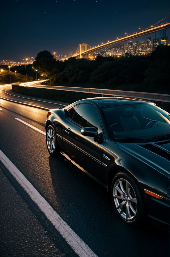 A car driving on a beautiful road at night