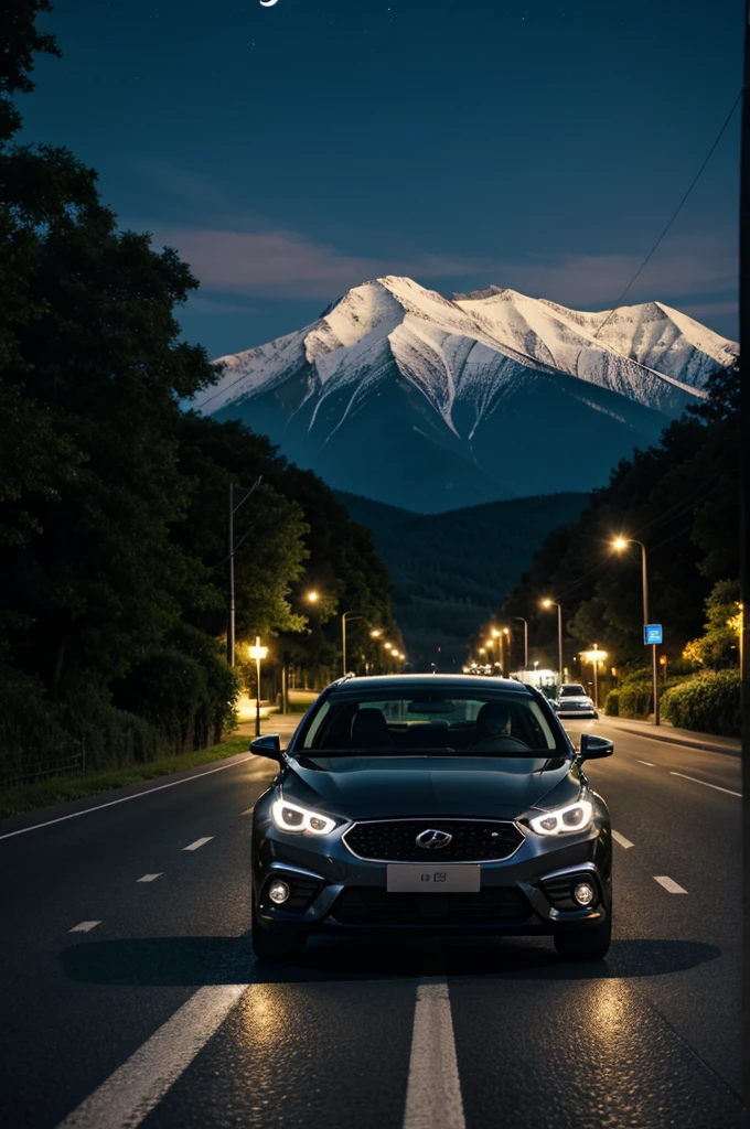 A car driving on a beautiful road at night