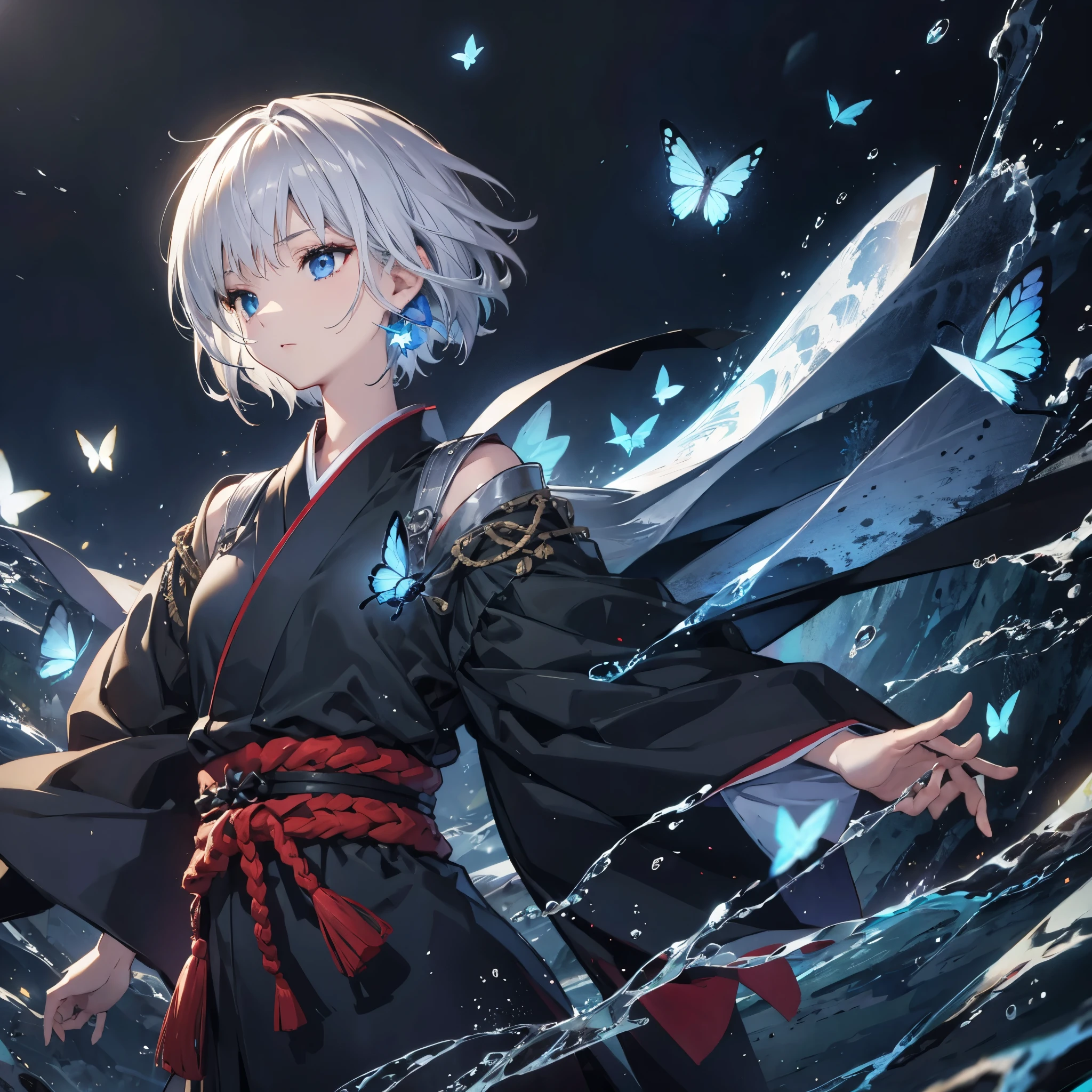 ((High resolution　Gray Hair　short hair　Black kimono　Black Band　military commander　Lonely　despair　blue eyes))　((Yellow butterfly　night　Japanese style　shoulder　old　Shining Aura　garden　water surface))　(dance　Blade of Darkness　Holding a sword　Slashing)　moon　star　Draw your sword　Slashing　Catch the wind　