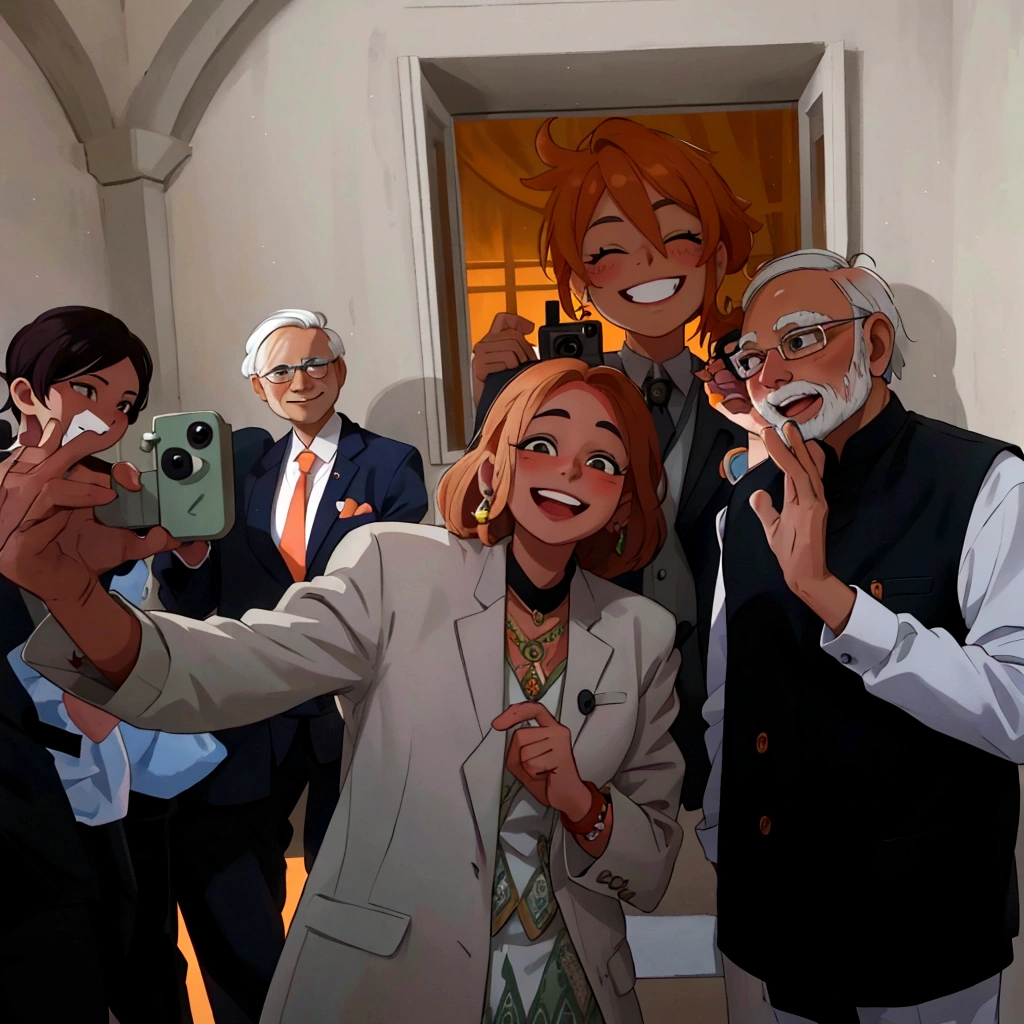 Narendra Modi and Giorgia Meloni taking a selfie with a camera, very expressive, very very happy!, very very happy, very happy, untitled, by Sam Dillemans, while smiling for a photograph, welcoming grin, the last selfie ever taken, 