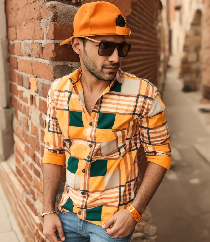 arafed man in a plaid shirt and orange hat leaning against a brick wall, candid picture, modeling shoot, new song, stylish pose, mohamed chahin style, looking heckin cool and stylish, very artistic pose, with accurate face, casual photography, wearing in shirt, with a cool pose, with lovely look, very very low quality picture, with sunglass