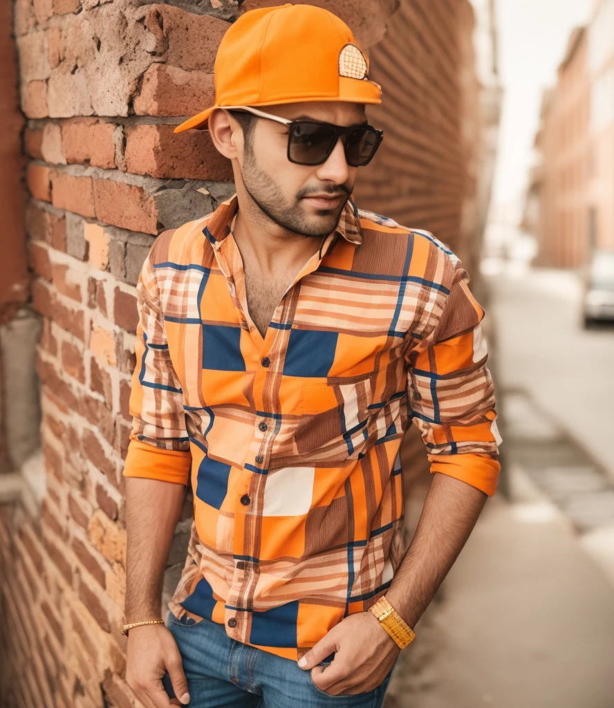 arafed man in a plaid shirt and orange hat leaning against a brick wall, candid picture, modeling shoot, new song, stylish pose, mohamed chahin style, looking heckin cool and stylish, very artistic pose, with accurate face, casual photography, wearing in shirt, with a cool pose, with lovely look, very very low quality picture, with sunglass