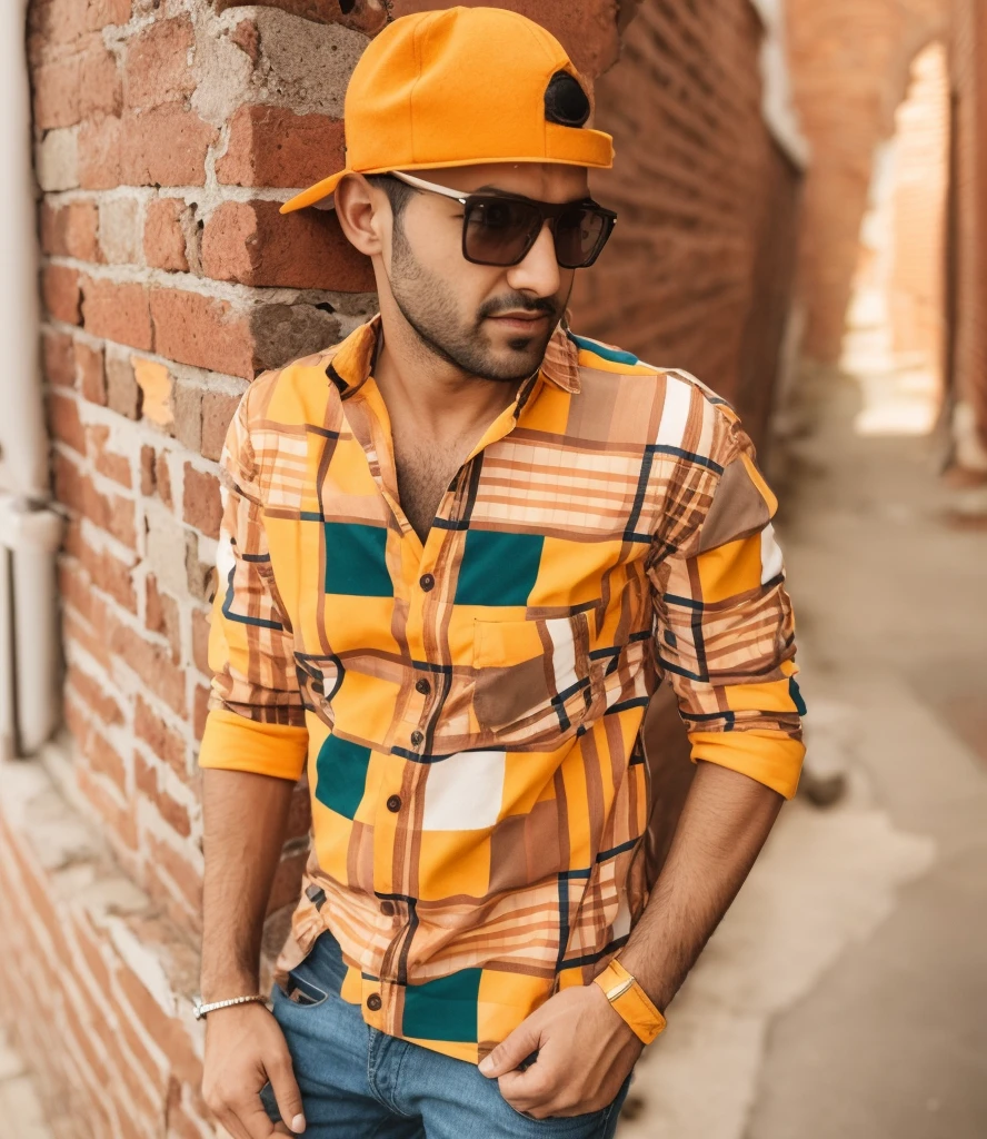 arafed man in a plaid shirt and orange hat leaning against a brick wall, candid picture, modeling shoot, new song, stylish pose, mohamed chahin style, looking heckin cool and stylish, very artistic pose, with accurate face, casual photography, wearing in shirt, with a cool pose, with lovely look, very very low quality picture, with sunglass