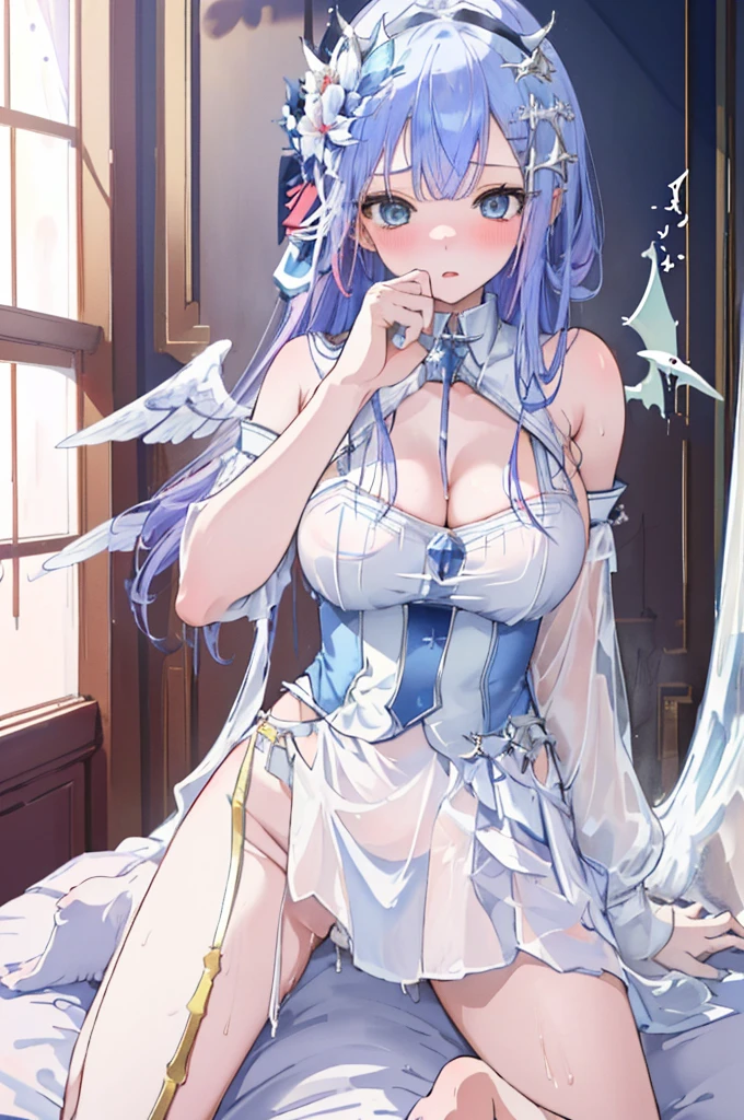 masterpiece, best quality, large , blue eyes, forehead bangs, blue hair, long hair, embarrassed, with angelic wings, (angelic halos:1.2), in a heavenly paradise. flowing white gowns with golden accents and delicate, multiple girls, (1boy:1.2), (pov:1.2), (sex:1.2(3girls:1.2), (cowgirl position:1.3), (girl on toraddling:1.2), (nsfw:1.2)