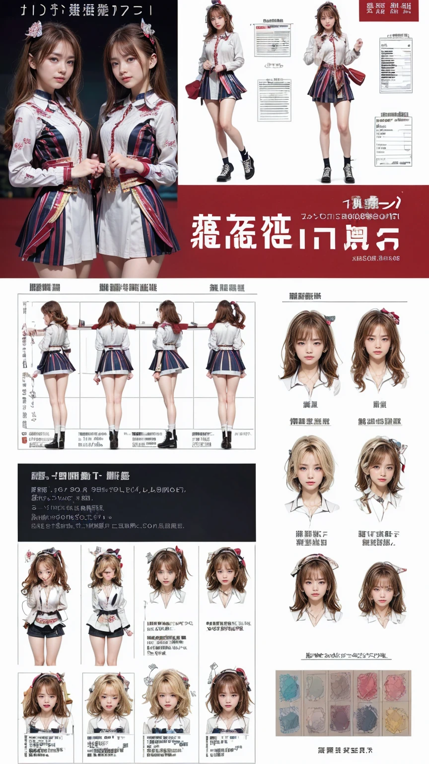 ((masterpiece)),(((Highest quality))),((Character design sheet)),Thin thighs,Long legs,乃木坂46のLive costumesを着たアイドルたち，Flashy makeup using red eyeshadow，Big smile，short, Side wave styles for delicate hair，女子高生のLive costumes&#39;Uniform Mini Skirt，Live costumes: High School Girl Uniform Jacket，Girl Idol，Spread your legs:1.5，Concert Venues，holding a wireless microphone，Low - Angle, whole body，