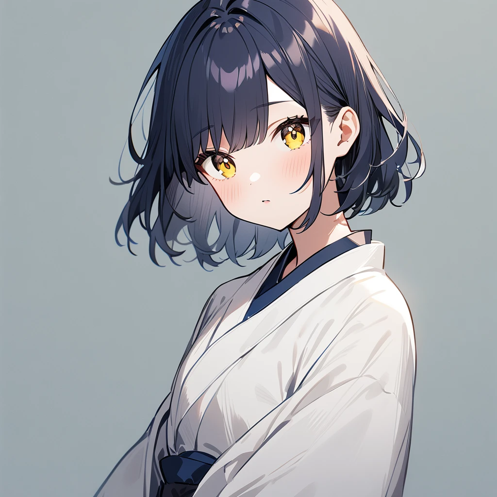 (1girl),(Solo),(dark blue hair),(White kimono),(yellow eyes),(cowboy shot),(cute),