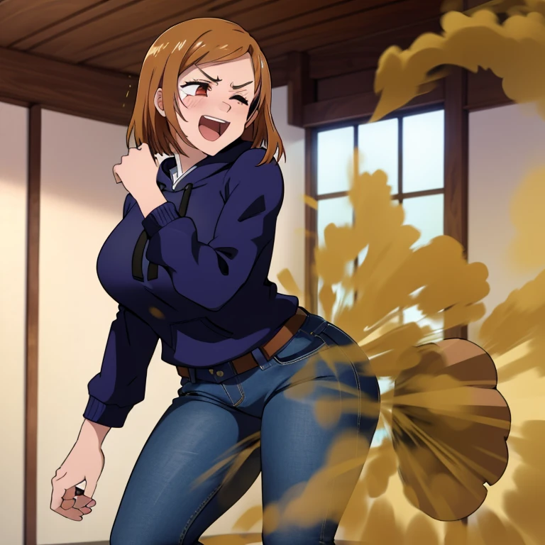 HD, high quality, high resolution, ultrahd, Nobara Kugisaki, 1female, wearing default outfit, dark blue hoodie, white pants, default hair, brown hair, very tall body, thin body, massive fart, yellow smoke, velocity, 1 eye closed, 1 eye opened, forcing, struggling, struggle face, blush leaning, embarrassed, smiling, open mouth alone in a room, beautiful lighting, highlights