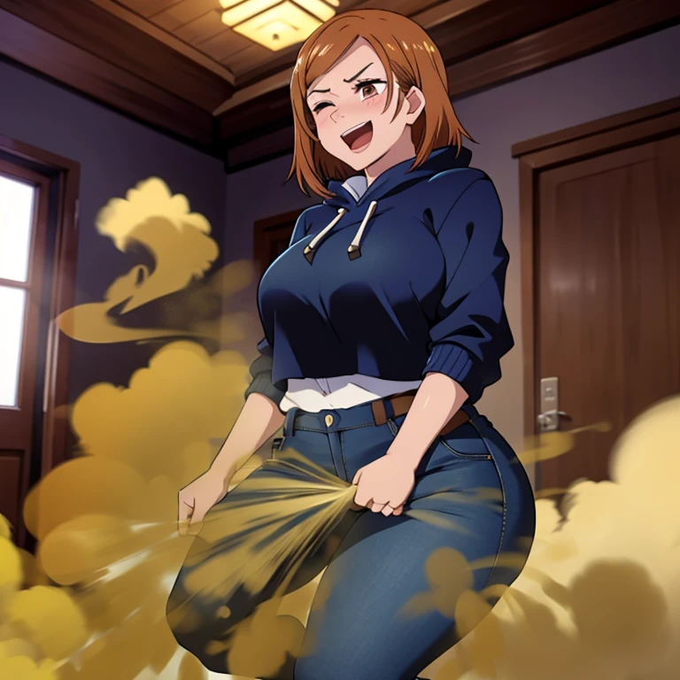 HD, high quality, high resolution, ultrahd, Nobara Kugisaki, 1female, wearing default outfit, dark blue hoodie, white pants, default hair, brown hair, very tall body, thin body, massive fart, yellow smoke, velocity, 1 eye closed, 1 eye opened, forcing, struggling, struggle face, blush leaning, embarrassed, smiling, open mouth alone in a room, beautiful lighting, highlights