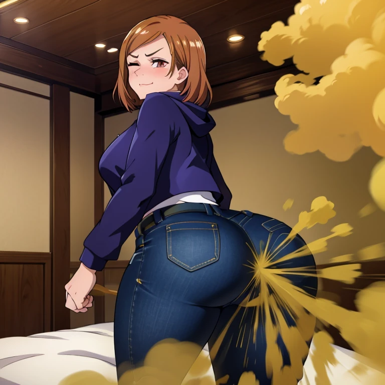 HD, high quality, high resolution, ultrahd, Nobara Kugisaki, 1female, wearing default outfit, dark blue hoodie, white pants, default hair, brown hair, very tall body, thin body, massive fart, yellow smoke, velocity, 1 eye closed, 1 eye opened, forcing, struggling, struggle face, blush leaning, embarrassed, smiling, viewing ass, alone in a room, beautiful lighting, highlights