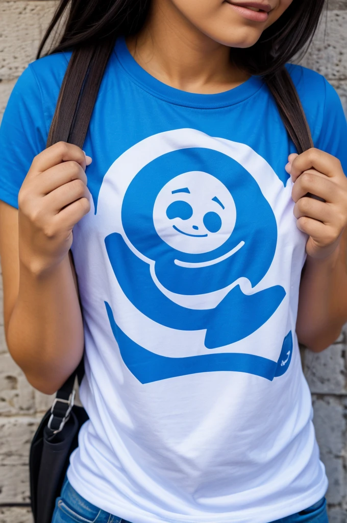 Personaje animado de un camarografo con su camara gordito, playera azul y un logo con 5x