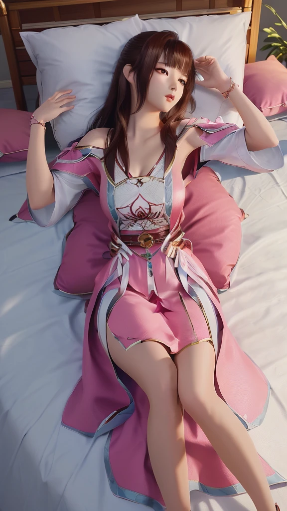 一个女孩Lying in bed，Face up，Raise your legs slightly，Front view super detailed beautiful big breasted girl 16 years old. Ultra HD, 4k, 8K, Movie，whole body，Lying down，Long legs，Very big breasts，whole body捕捉，（（（Lying in bed））），（（（whole bodyLying in bed））），Pink bed，Off-shoulder，Shoulder-length skirt，Lying in bed，Sleeping on the pillow，Lying down，Headrest pillows