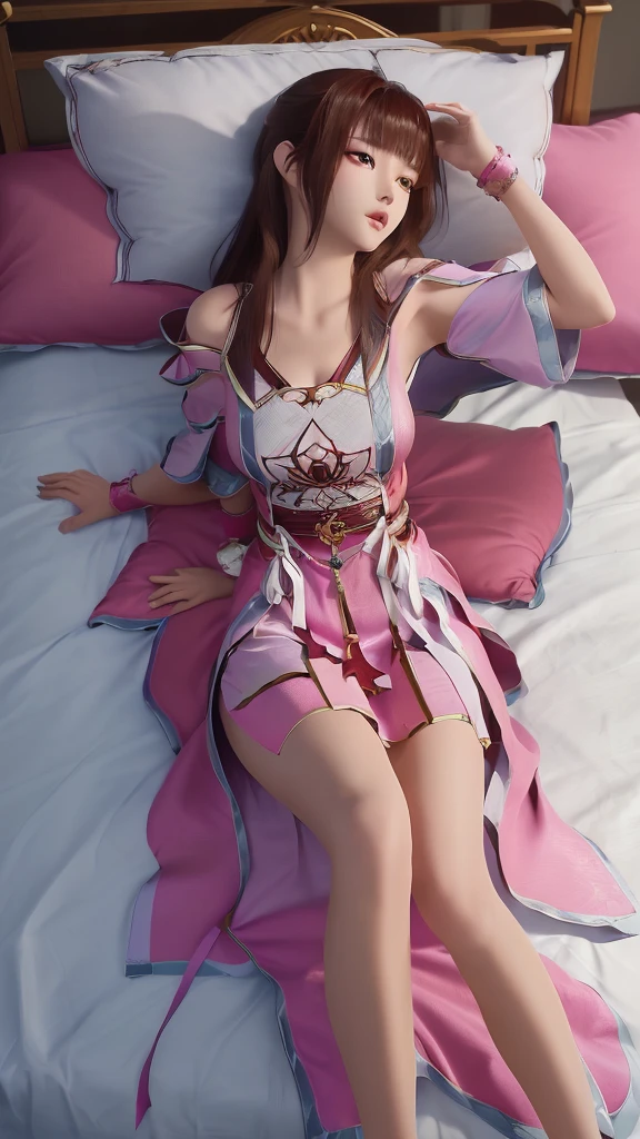 一个女孩Lying in bed，Face up，Raise your legs slightly，Front view super detailed beautiful big breasted girl 16 years old. Ultra HD, 4k, 8K, Movie，whole body，Lying down，Long legs，Very big breasts，whole body捕捉，（（（Lying in bed））），（（（whole bodyLying in bed））），Pink bed，Off-shoulder，Shoulder-length skirt，Lying in bed，Sleeping on the pillow，Lying down，Headrest pillows