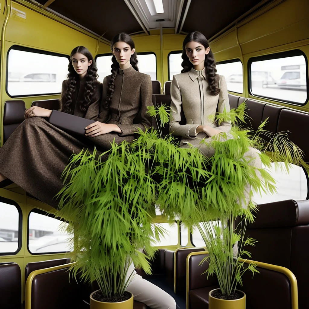 One girl sitting across the aisle on the bus, She has long, dark hair that she often ties up in a ponytail, and gentle brown eyes that light up when she talks about her plants. She is tall and skinny, with a graceful and elegant bearing. Next to her is one boy, He has bright yellow hair. He has a lean build and stands at an average height. His hair is styled in a slightly messy, tousled manner, giving him a lively and energetic appearance. He has almond-shaped eyes that are dark brown, with a determined and confident expression. 