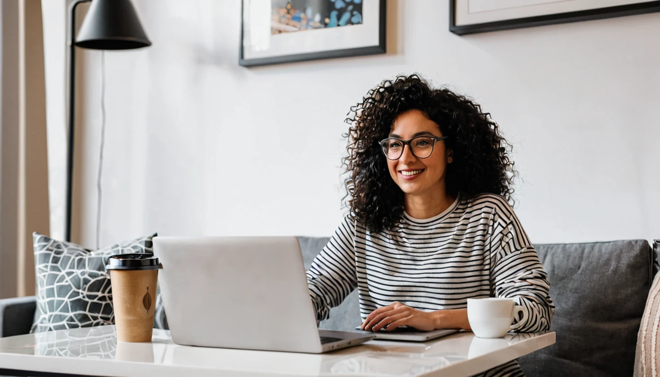 A person working from home with a laptop and coffee mug