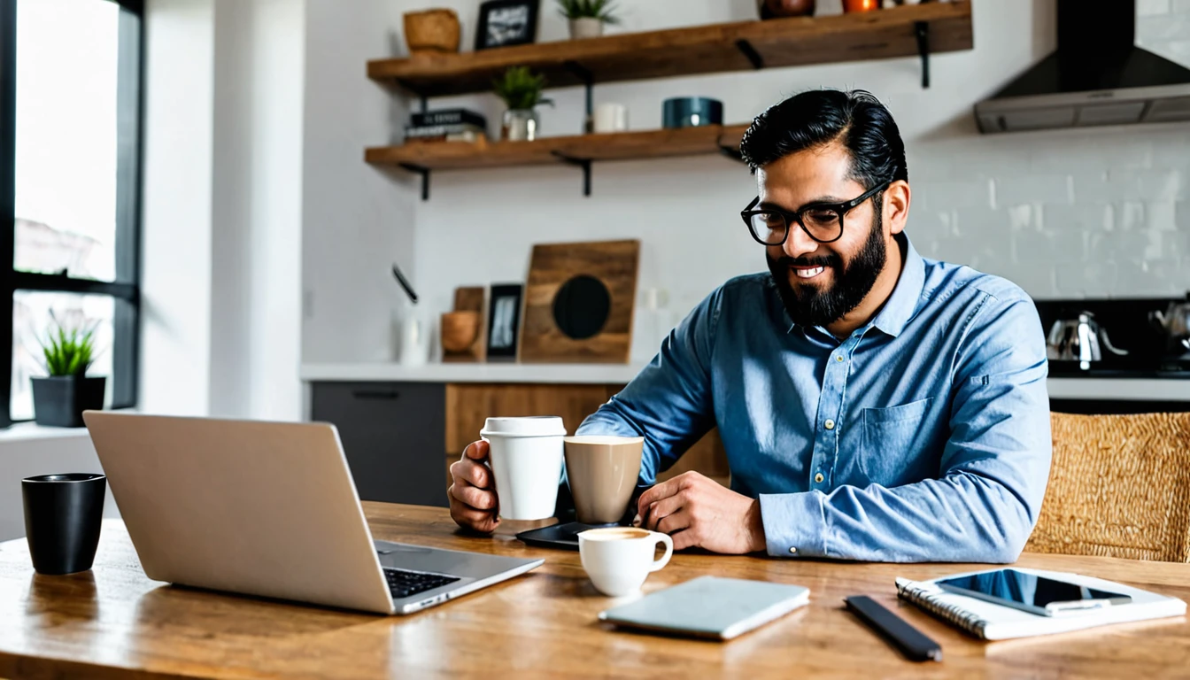 A person working from home with a laptop and coffee mug