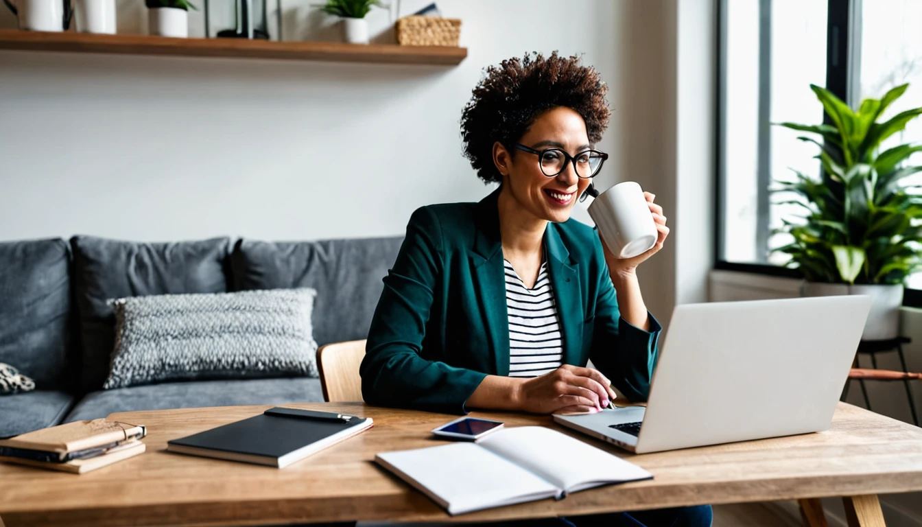 A person working from home with a laptop and coffee mug