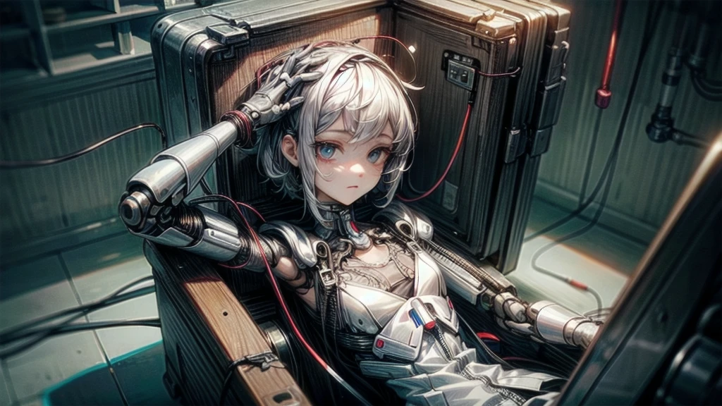 (((masterpiece))), (((Highest quality))), ((Very detailed)), (Highly detailed CG illustrations), ((Very delicate and beautiful)),(Cute and delicate face),Light,((1. Machine Girl)),alone,whole body,(Machine made joints:1.4),((Mechanical Limbs)),(Muscle swelling),(The container is connected to a tube),(Brain in a container:1.3),((Mechanical vertebrae attached to the back)),((Mechanical cervical spine attached to the neck)),((Sitting)),poker face,(Wires and cables attached to head and body:1.5),Small breasts,short hair,(Character Focus),SF,Dark shortcuts,Centering shortcuts,A devastated society,alone,