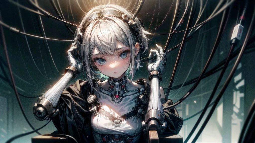 (((masterpiece))), (((Highest quality))), ((Very detailed)), (Highly detailed CG illustrations), ((Very delicate and beautiful)),(Cute and delicate face),Light,((1. Machine Girl)),alone,whole body,(Machine made joints:1.4),((Mechanical Limbs)),(Muscle swelling),(The container is connected to a tube),(Brain in a container:1.3),((Mechanical vertebrae attached to the back)),((Mechanical cervical spine attached to the neck)),((Sitting)),poker face,(Wires and cables attached to head and body:1.5),Small breasts,short hair,(Character Focus),SF,Dark shortcuts,Centering shortcuts,A devastated society,alone,