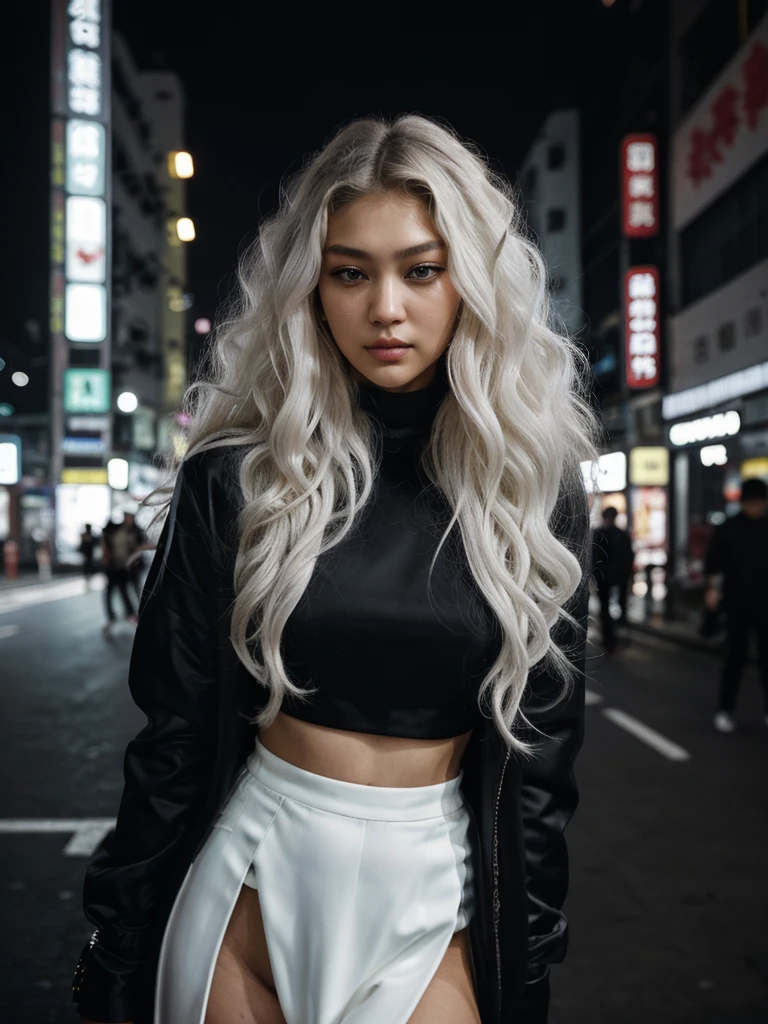 an eye contact of a white hair with curly long hair and dark theme gigi hadid at hong kong city