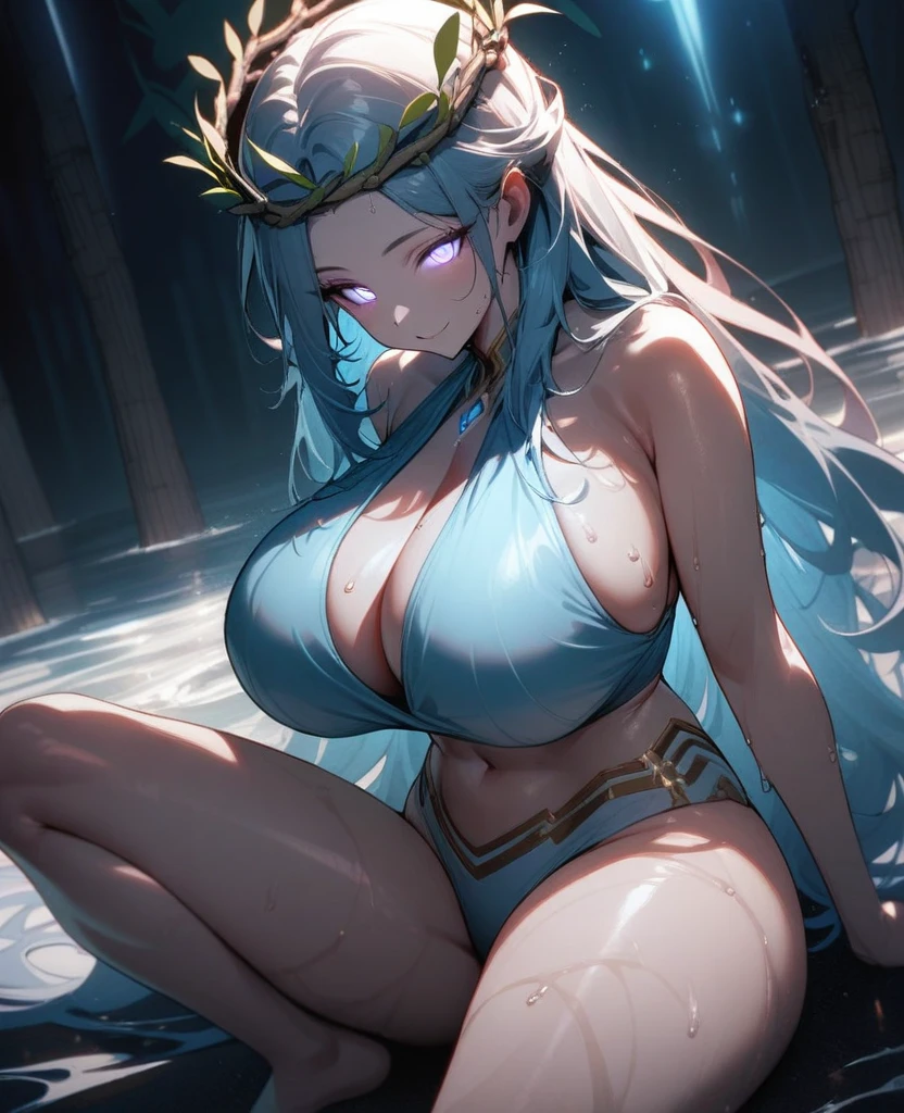 1 Girl, Ethereal Beauty, Moonlight Hair, barefoot, Beautiful, Kind eyes, Gentle smile, fit, Beautiful posture, Otherworldly atmosphere, Willow branch crown, swimsuit, Navel，Huge Breasts，Sweat，Radiant Skin, Glowing eyes, Magical existence, masterpiece, best quality