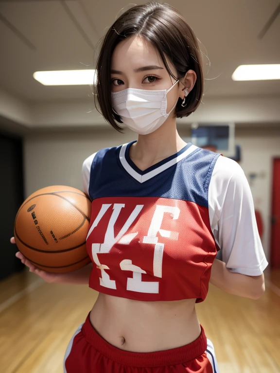 absurdres, RAW photo, extremely delicate and beautiful, masterpiece, Best Quality, ultra high resolution, 16k, hyperrealistic, ultra-detailed, perfect anatomy, Facing the front, super Detailed skin, perfect figure, Very detailed CG 8k wallpaper, in her 20s, very Slim body, narrow waist, very small head, very small face, delicate facial features, tearful mole, mole on chest, earring, thin legs, (very huge round breasts), midriff, (full body shot), 1girl in, light brown hair, Short bob hair, ((basketball uniform)), ((wearing mouth mask)), 