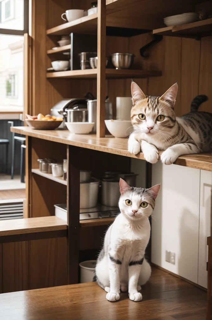 Photo of a cat in a chef's hat. The setting is a gastronomic fair.
