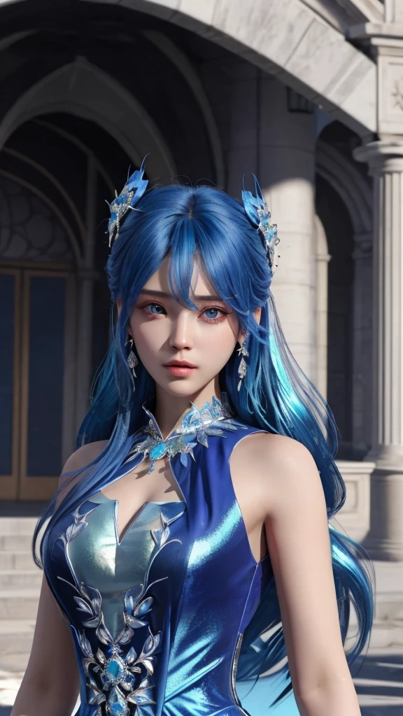 Ultra hd, 8k quality, a girl, (Beautiful face:1.3), very long hair, blue dress, (shining dress:1.5), detailed eyes, front capture, unreal engine 5, Perfect body,