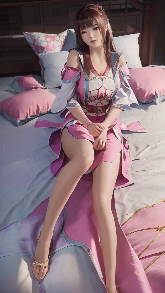 一个女孩Lying in bed,Face up,Raise your legs slightly,Front view super detailed beautiful big breasted girl . Ultra HD, 4k, 8K, Movie,whole body,Lying down,Long legs,Very big breasts,whole body捕捉,(((Lying in bed))),(((whole bodyLying in bed))),Pink bed,Off-shoulder,Shoulder-length skirt,Lying in bed,Sleeping on the pillow,Lying down,Headrest pillows