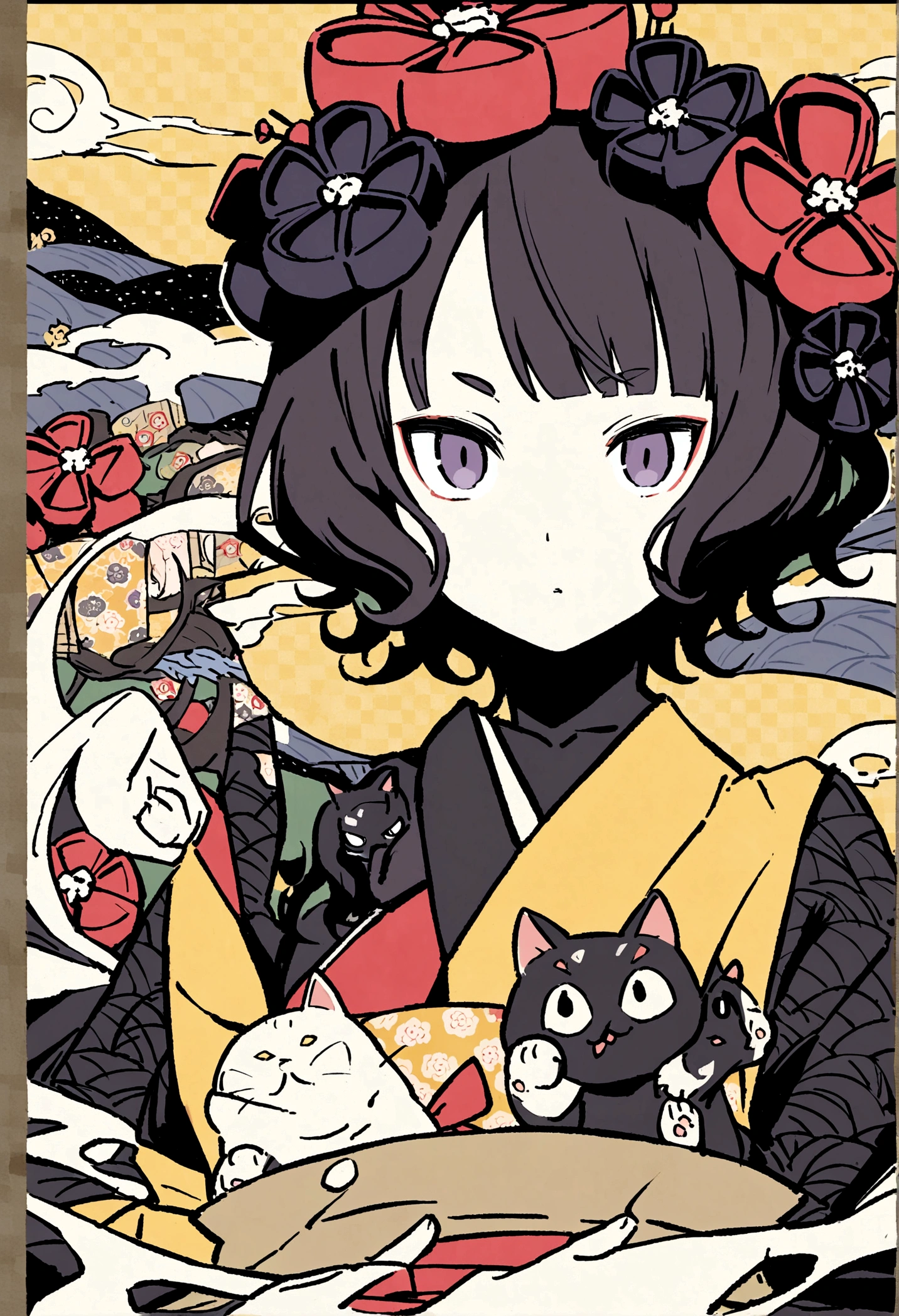 Anthropomorphic cat, bathing in a Goemon Buro, Oke, Japanese and cat screens in background, Katsushika Hokusai, Utagawa Kuniyoshi, delicate and detailed, Ukiyoe style, girl