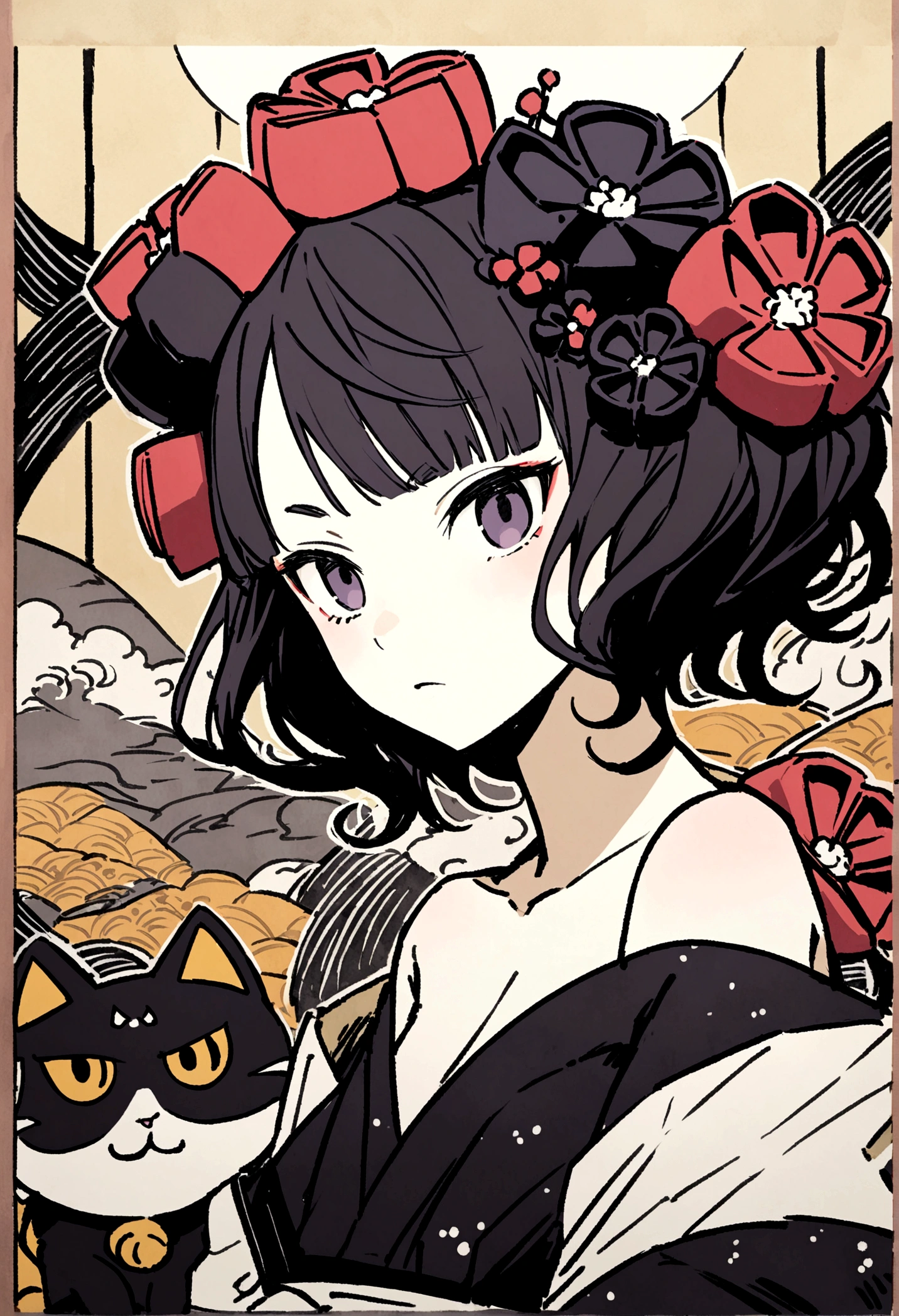 Anthropomorphic cat, bathing in a Goemon Buro, Oke, Japanese and cat screens in background, Katsushika Hokusai, Utagawa Kuniyoshi, delicate and detailed, Ukiyoe style, girl