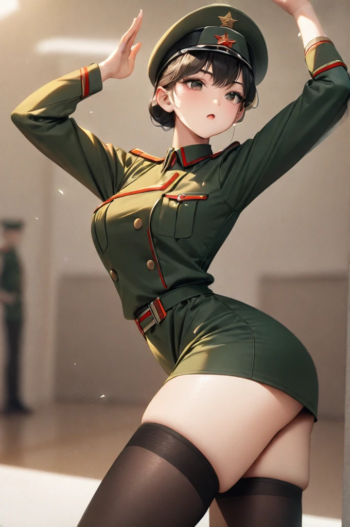 ((Best quality)), ((masterpiece)), (detailed), in Soviet army uniform, miniskirt, stockings, sexy pose