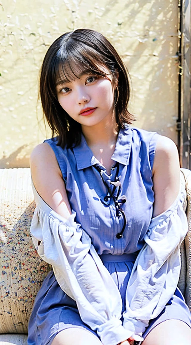 20-year-old female, (masterpiece: 1.4), (8k, reality, Original photo, Highest quality: 1.4), Japan, (1 Girl), Beautiful Face, (True Face: 1.4), (Pink Hair, short hair: 1.3), Hairstyle, Realistic blue eyes, Beautiful details in the eyes, (reality皮肤: 1.3), Beautiful Skin, Charm, 超High resolution, Ultra-realistic, High resolution, Golden Ratio, (Detailed face: 1.4), (Japan演员: Estuary), Sheer vest,粉色short hair,white透明,white,Browsing Caution,big,big屁股强调,The nipple areola is clearly defined,Looking into the camera,Sitting on the couch,The shape of the pubic hair is clear and clear,posture(Bend your knees and spread your legs)