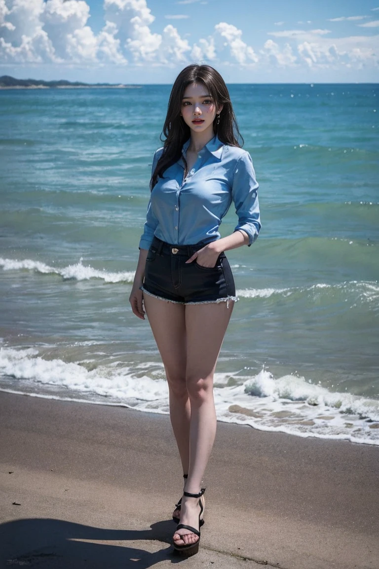 4K, (masterpiece), Highest quality,, ((NSFW:0.9)), (Unbuttoned shirt),Shorts, (Big Breasts), Nipples, Long brown hair, blue eyes, smile, Full Height, Clear Eyes, Black eyelashes, (Complex and detailed), dramatic, trend,Full Body Shot,Centered,Wild feeling,Ocean,