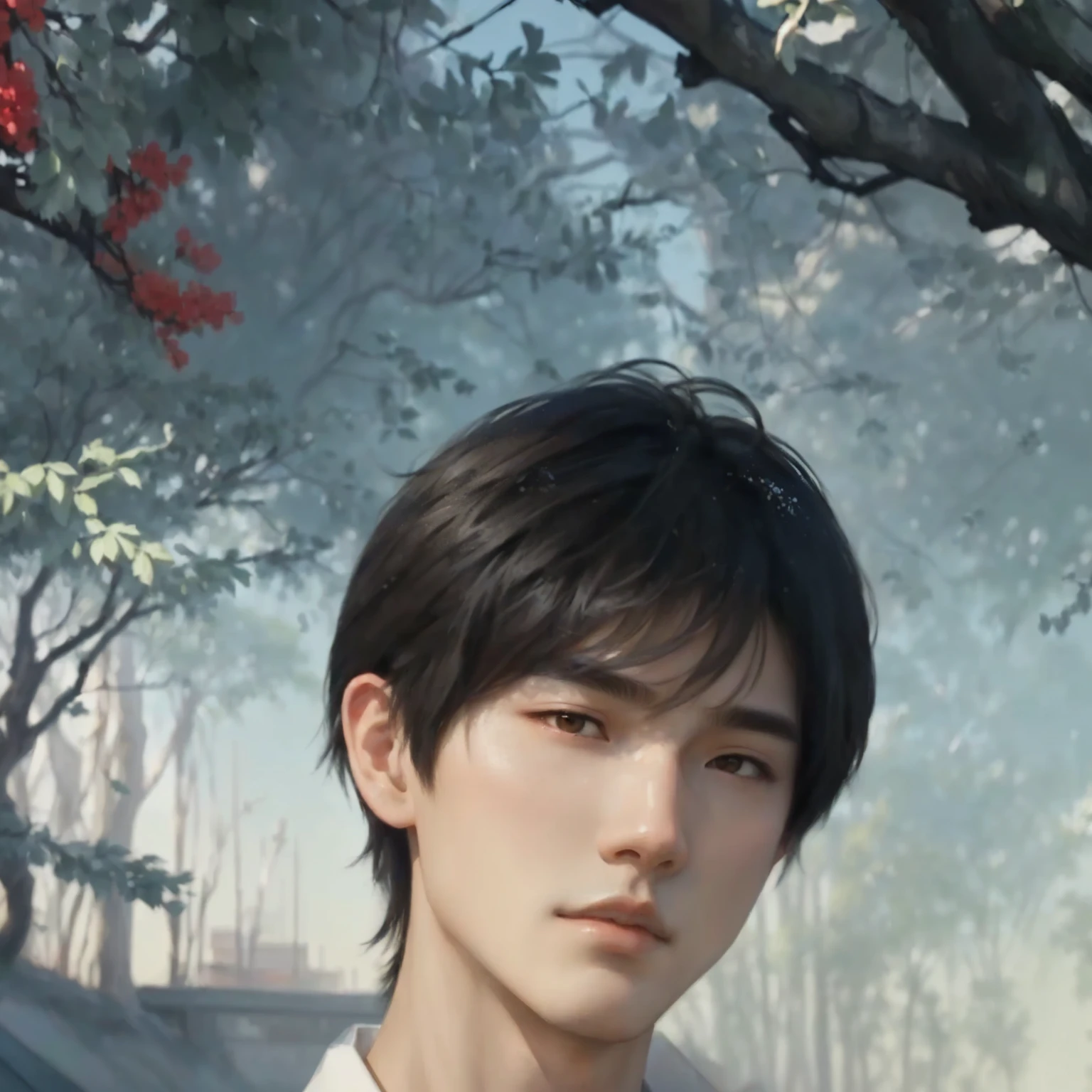 there is a man that is standing in front of a tree, artwork in the style of guweiz, inspired by Bian Shoumin, inspired by Yanjun Cheng, yanjun chengt, inspired by Zhang Han, inspired by Xiao Yuncong, guweiz, inspired by Huang Gongwang, inspired by Yeong-Hao Han, anime realism style,good-looking boy,gorgeous boy, pretty boy, age boy
