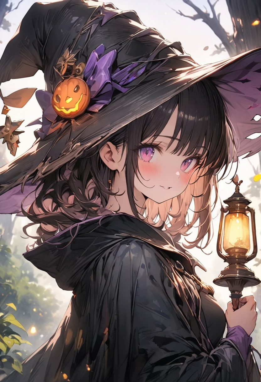 (masterpiece, best quality, highly detailed, absurdres:1.3), (1girl, cute, charming, detailed beautiful face:1.3), (witch, witch hat, witch coat:1.3), (holding a lamp:1.3), (fantastic illustration, beautiful detail, best quality, top quality, fain touch outline:1.3), watercolor, clear, (face seen from the side:1.5), background dark forest, night sky, dark sky, beautiful detail, tangle, beautiful scenery