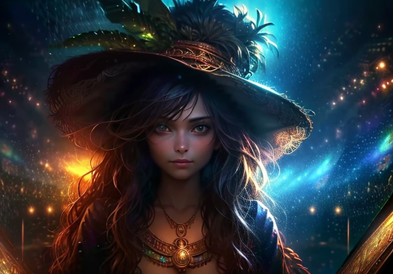 Hyper-realistic digital painting of a beautiful girl, green eyes, gaze towards the viewer, long dark brown wavy hair, highly detailed and intricate bohemian necklace, combining the artistic styles of Jose Royo, Boris Vallejo, Julie Bell, Carne Griffiths and Brian Froud, precise anatomy, with centered symmetrical composition, volumetric lighting, rays, bright color reflections