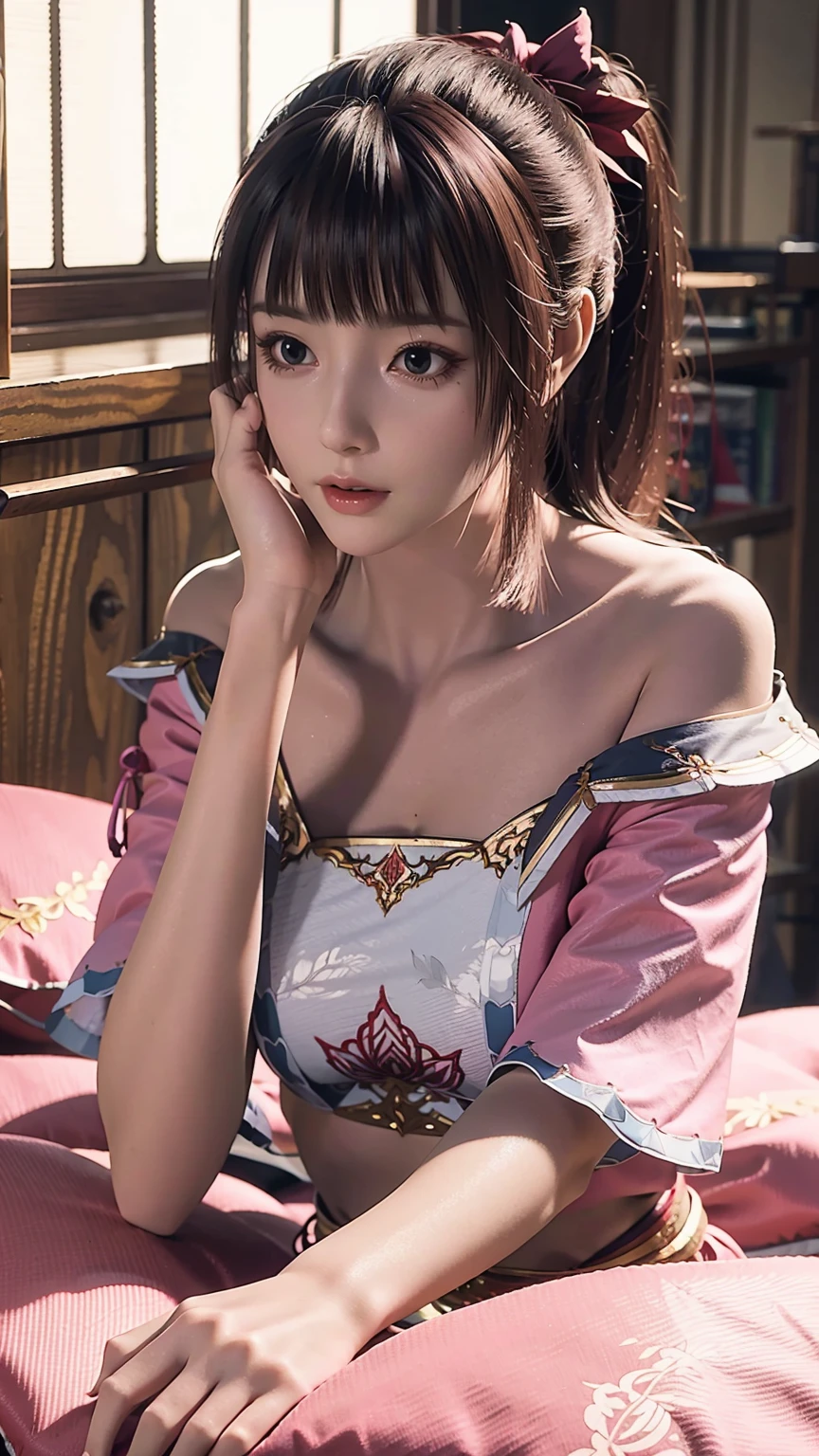 一个女孩Lying in bed，Face up，Raise your legs slightly，Front view super detailed beautiful big breasted girl 16 years old. Ultra HD, 4k, 8K, Movie，whole body，Lying down，Long legs，Very big breasts，whole body捕捉，（（（Lying in bed））），（（（whole bodyLying in bed））），Pink bed，Off-shoulder，Shoulder-length skirt，Lying in bed，Sleeping on the pillow，Lying down，Headrest pillows