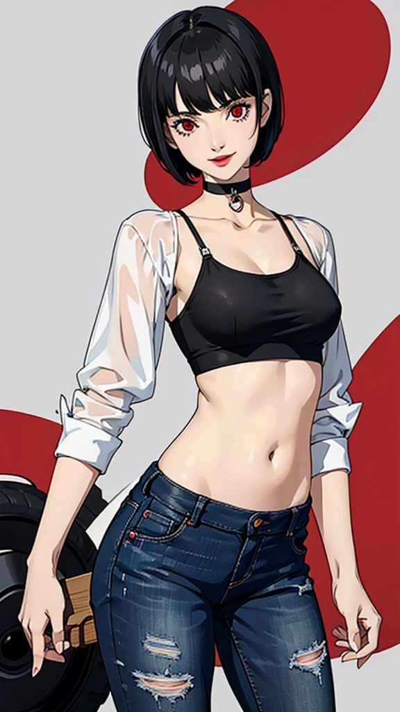 1 girl, red eyes, very Short hair, black choker, lipstick , smile, black hair, tomboy Pixie haircut,shirt, belly, jeans, cowboy shot,