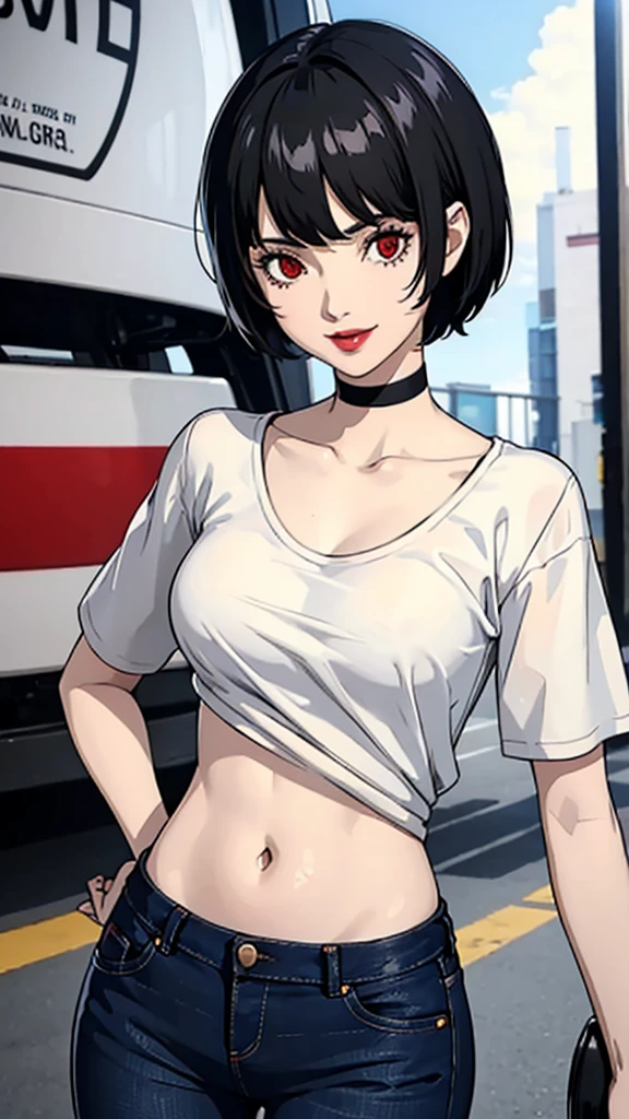1 girl, red eyes, very Short hair, black choker, lipstick , smile, black hair, tomboy Pixie haircut,shirt, belly, jeans, cowboy shot,