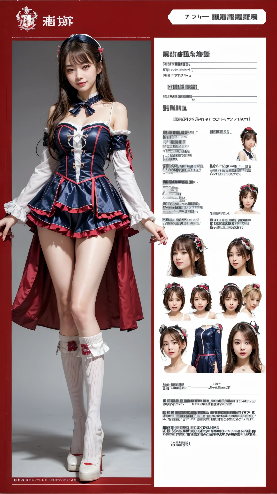 ((masterpiece)),(((Highest quality))),((Character design sheet)),Thin thighs,Long legs,乃木坂46のLive costumesを着たアイドルたち,Flashy makeup using red eyeshadow,Big smile,short, Side wave styles for delicate hair,女子高生のLive costumes'Uniform Mini Skirt,Live costumes: High School Girl Uniform Jacket,Girl Idol,Spread your legs:1.5,Concert Venues,holding a wireless microphone,Low - Angle, whole body,